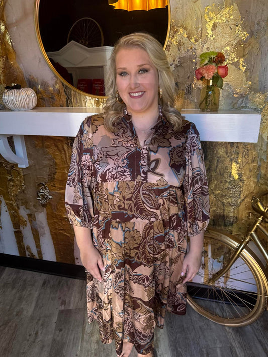 Plus Brown Mix Satin Paisley Tiered Midi Dress
