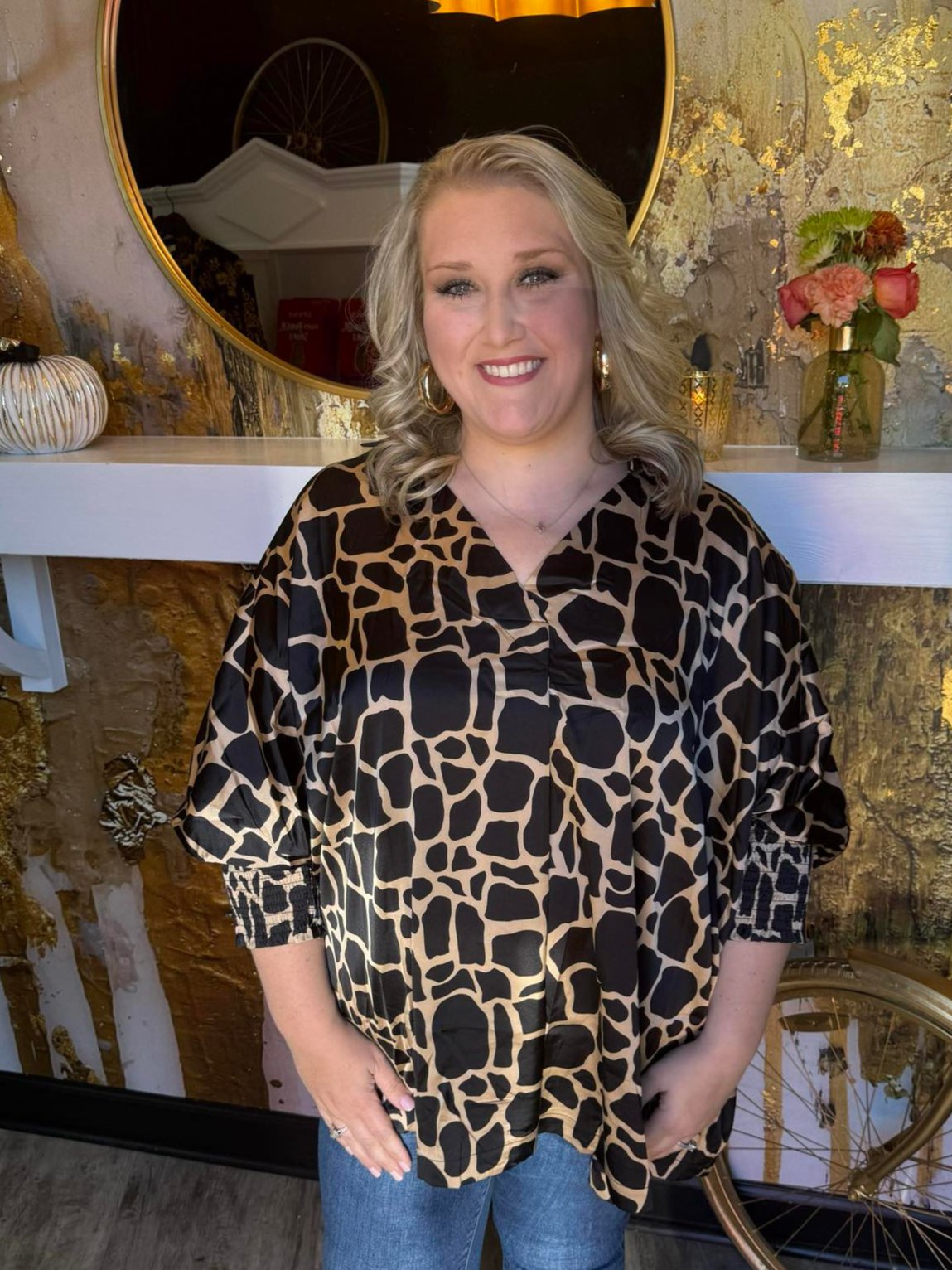 Black Two Tone Giraffe Print Blouse