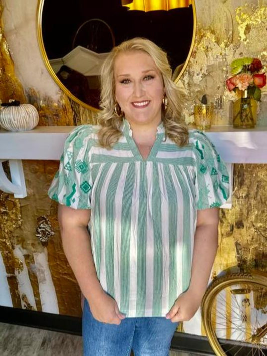 Plus Green Striped Split Neck Top