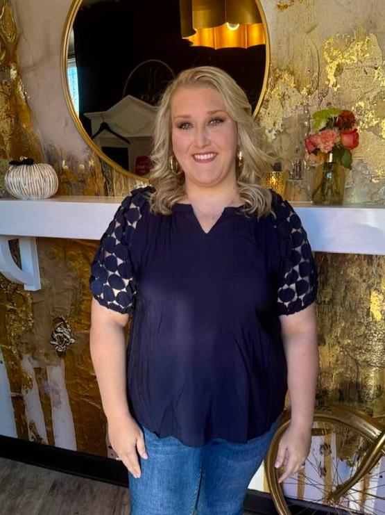 Navy Split Neck Bubble Sleeve Top