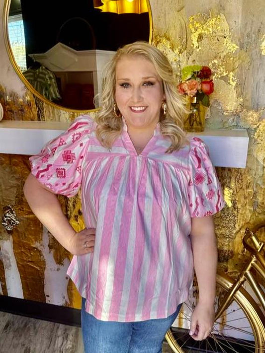 Pink Striped Split Neck Top
