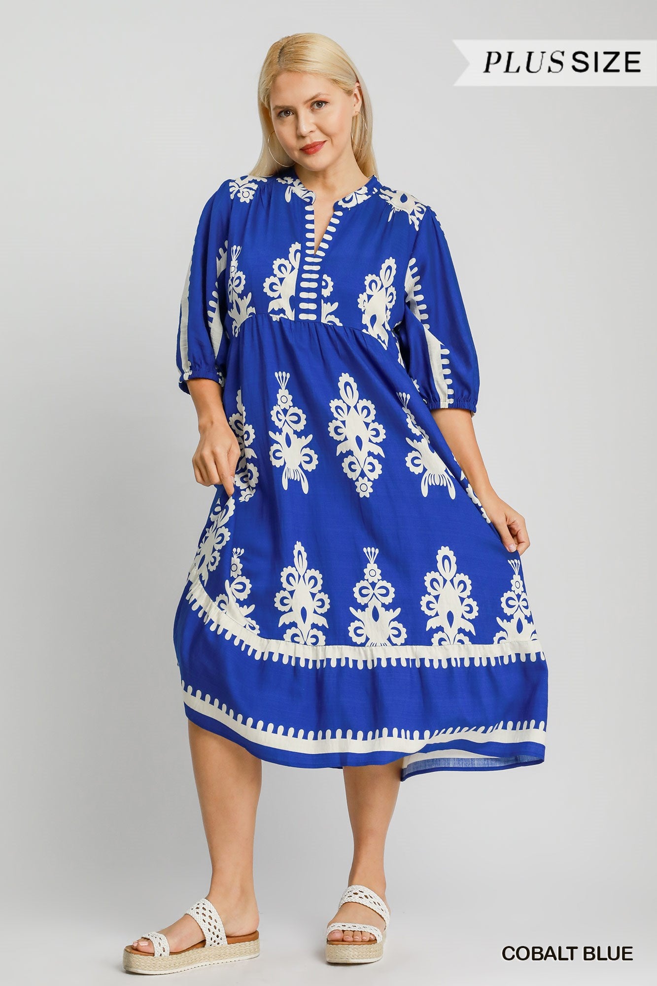 Cobalt Blue Abstract Print Midi Dress