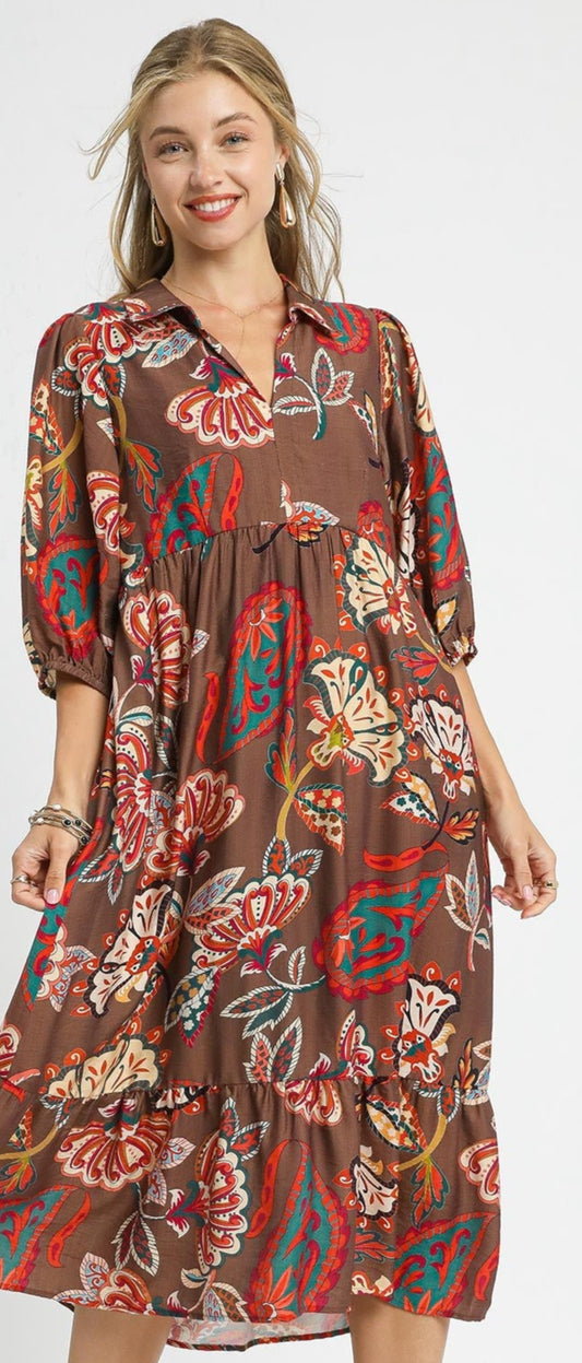 Brown Boho Paisley Tiered Midi Dress