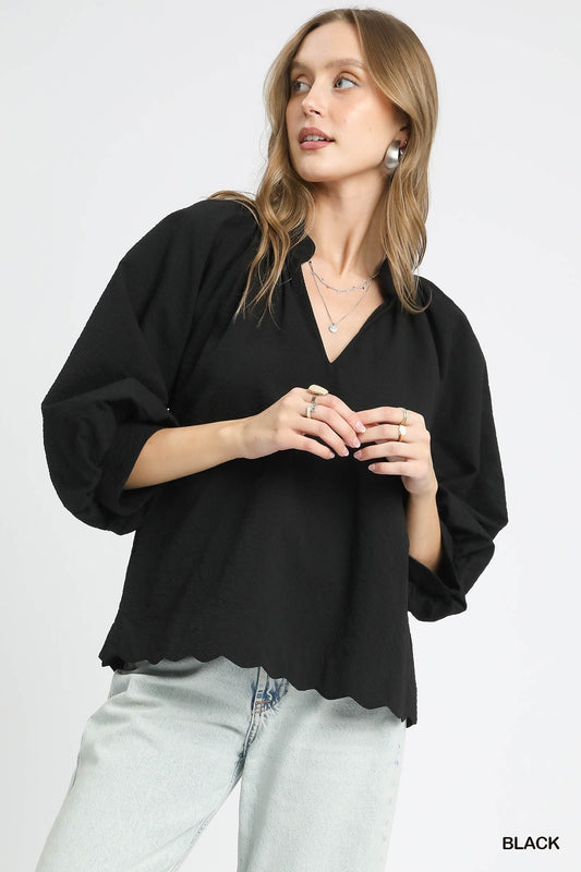 Black Split V Neck Top With Balloon Sleeves