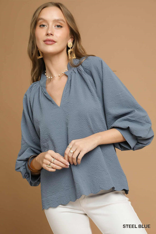 Steel Blue Split V Neck Top with Balloon Sleeves