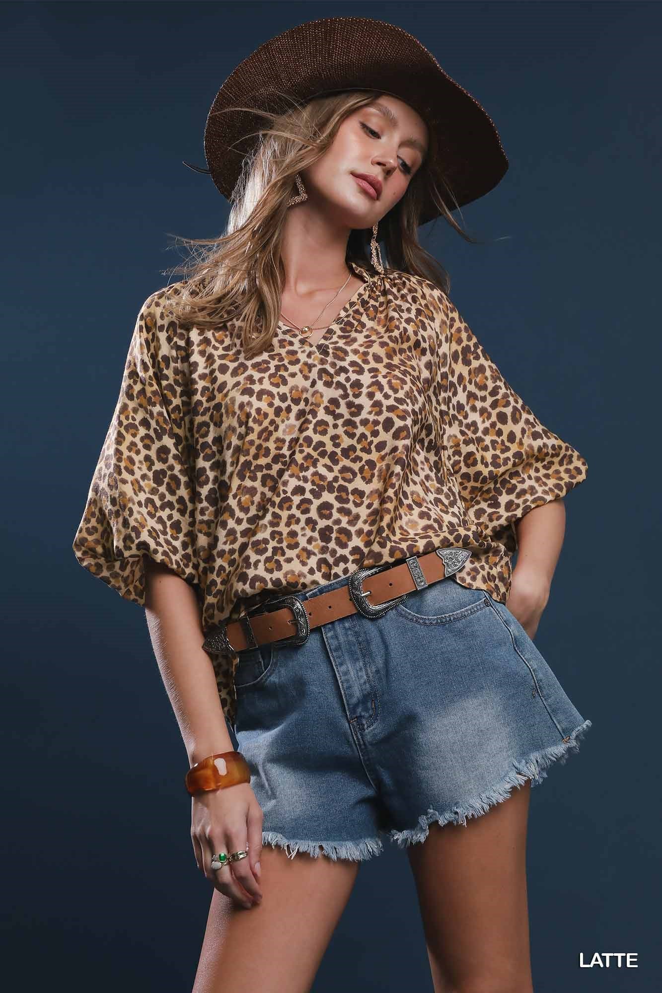 Latte Bubble Sleeved Animal Print Blouse
