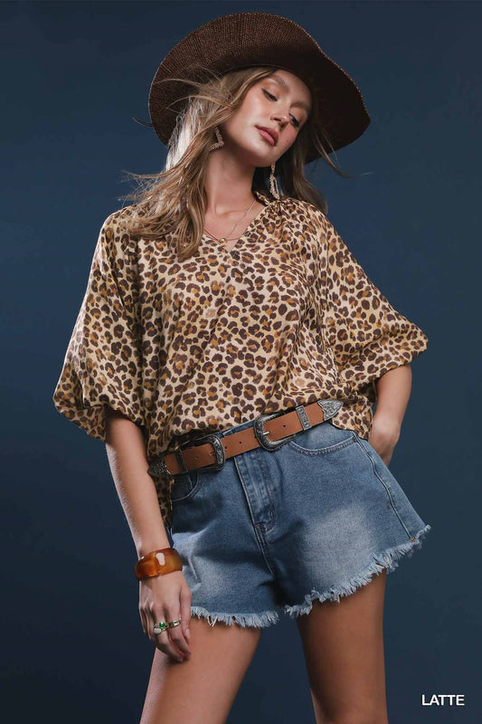 Latte Bubble Sleeved Animal Print Blouse