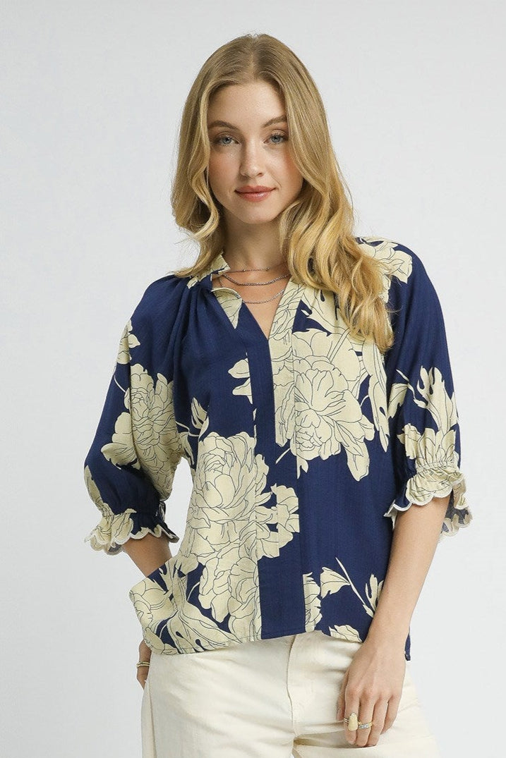 Navy Peony Print High Neck Top