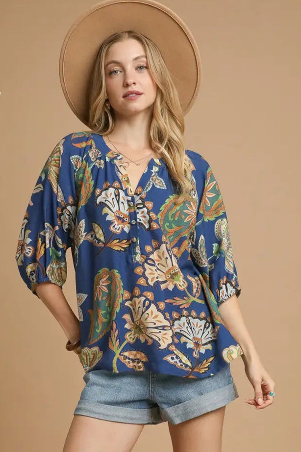 Navy Boho Paisley Puff Sleeve Blouse
