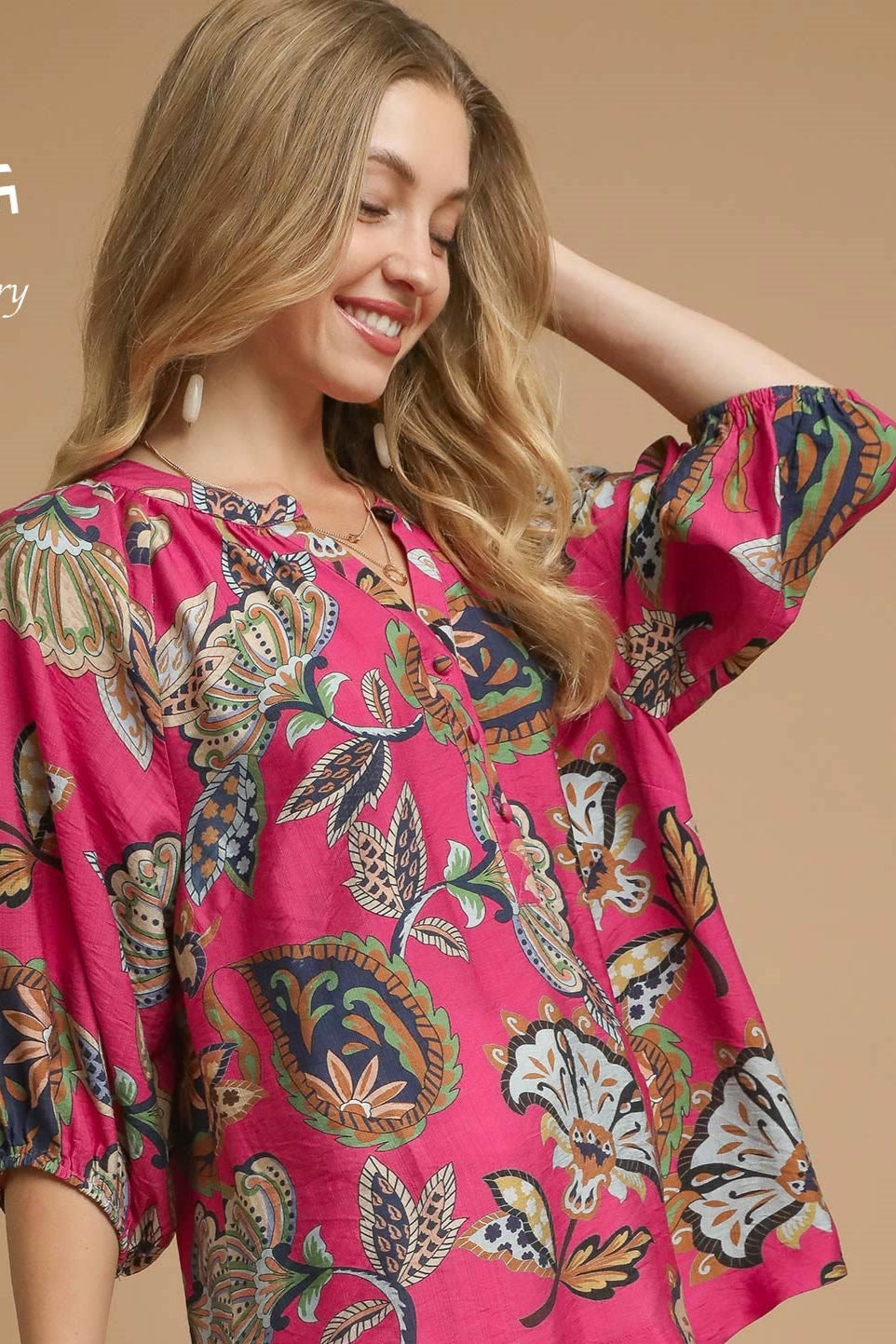 Pink Boho Paisley Puff Sleeve Blouse