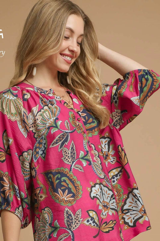 Pink Boho Paisley Puff Sleeve Blouse