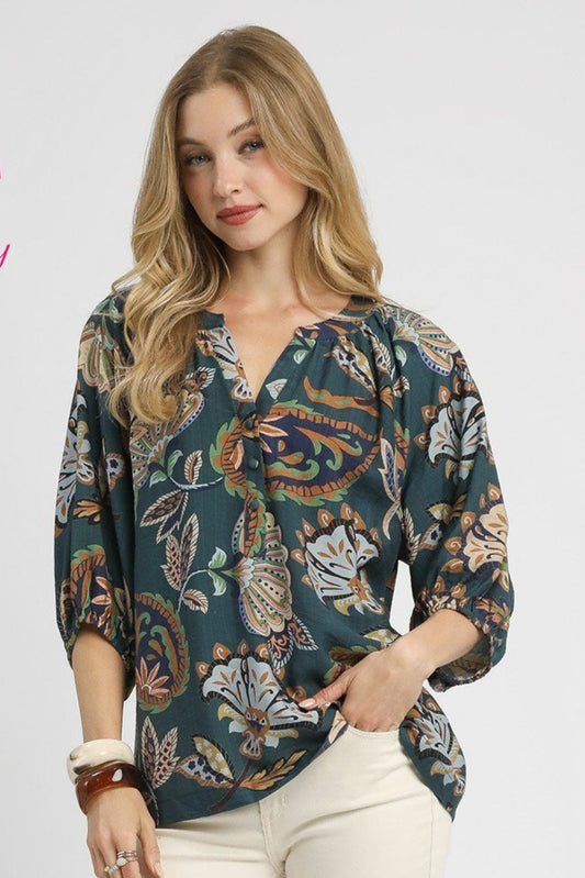 Teal Boho Paisley Puff Sleeve Blouse