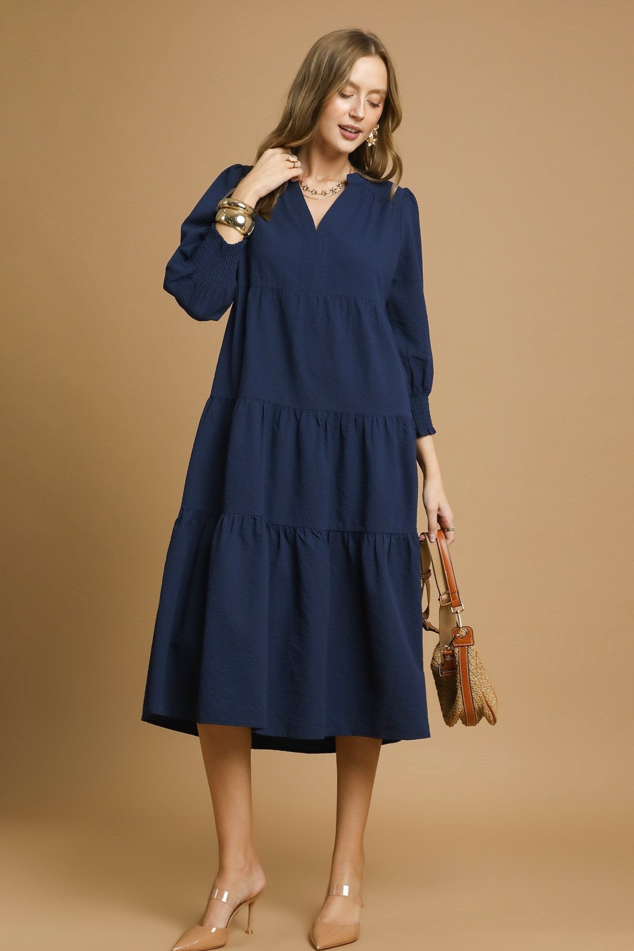Navy Textured Tiered Midi Dress