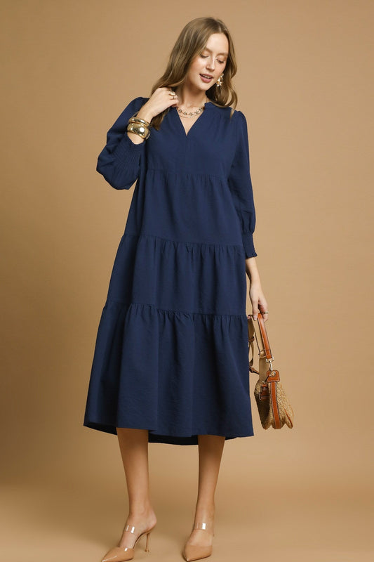 Navy Textured Tiered Midi Dress