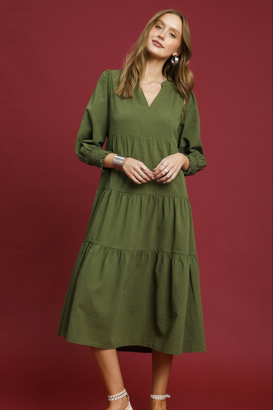 Olive Textured Tiered Midi Dress
