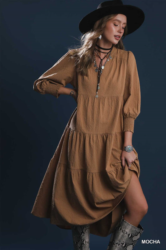 Mocha Textured Tiered Midi Dress