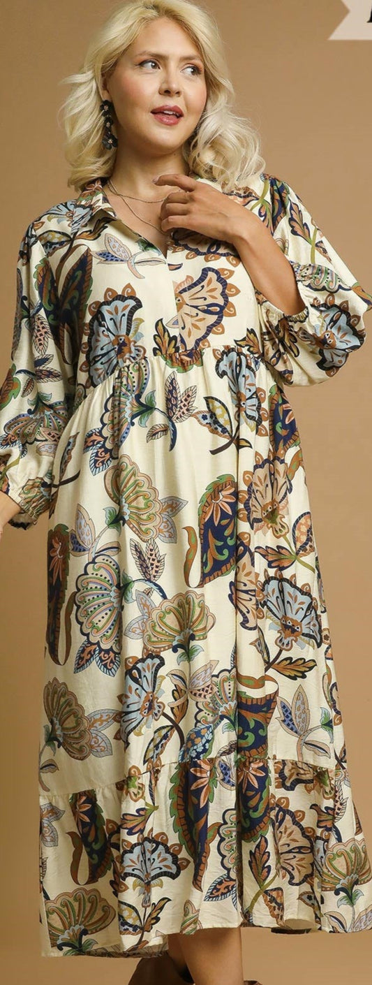 Cream Boho Paisley Tiered Midi Dress