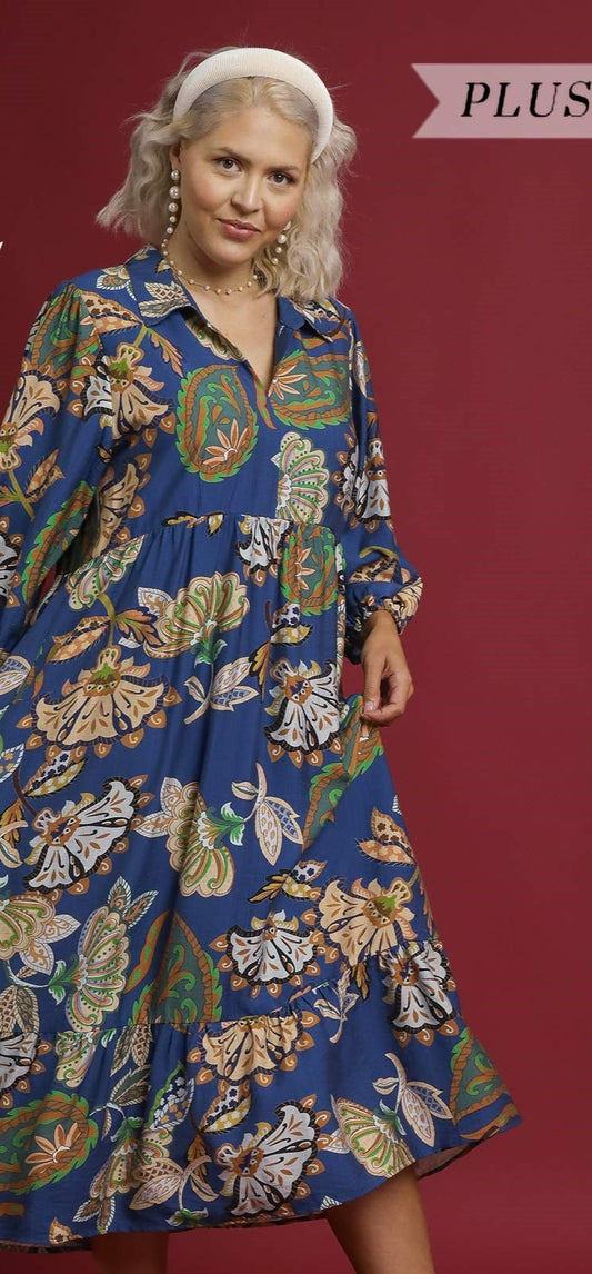 Navy Boho Paisley Tiered Midi Dress