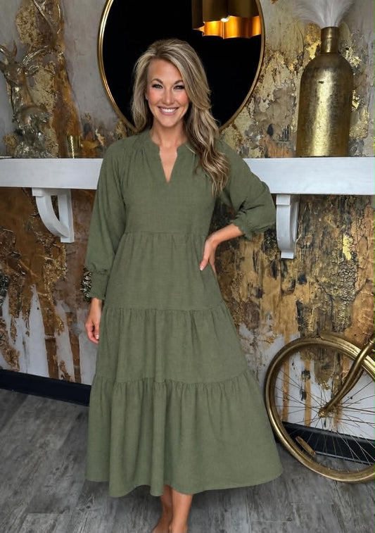 Olive Textured Tiered Midi Dress