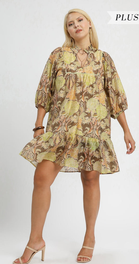 Brown Abstract Print Puff Sleeve Mini Dress