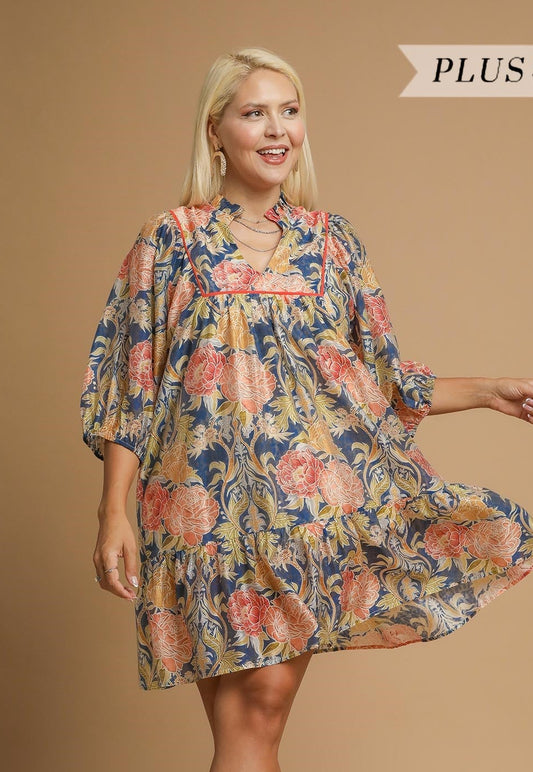 Navy Mix Abstract Print Puff Sleeve Mini Dress