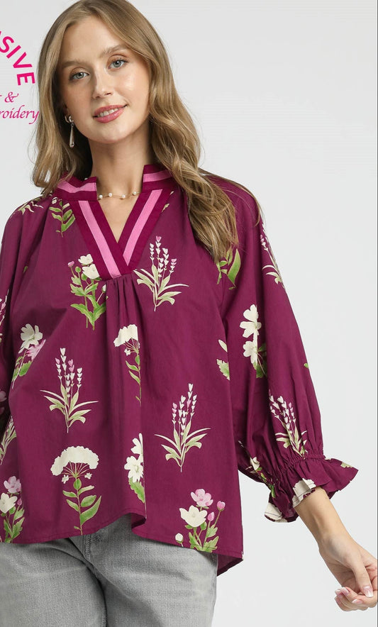 Plum Mix Floral Contrast Trim Blouse