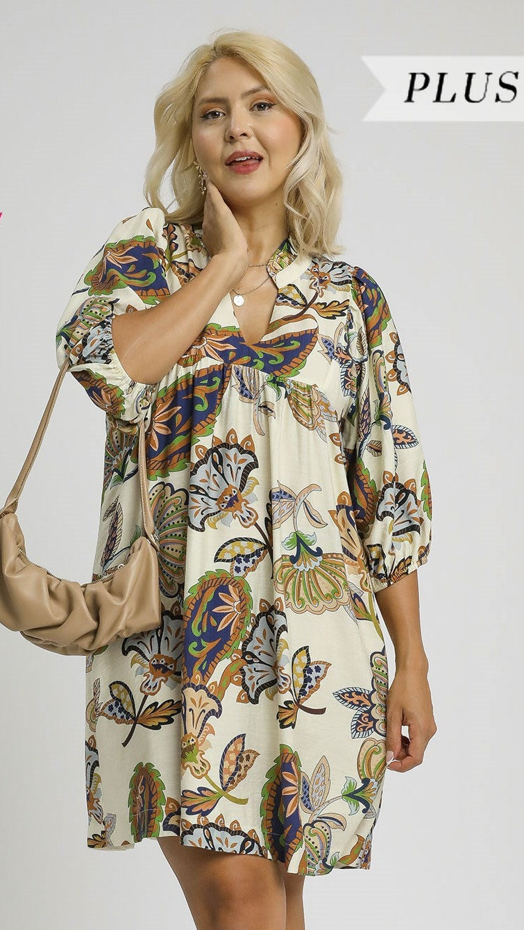 Cream Abstract Print Puff Sleeve Babydoll Dress