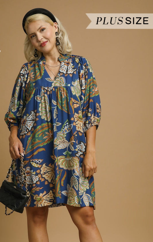 Navy Abstract Print Puff Sleeve Babydoll Dress