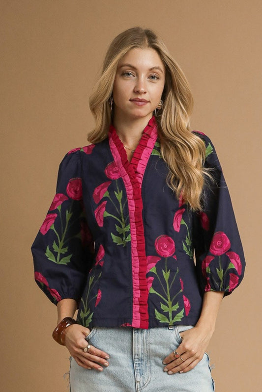 Navy Mix Floral Print Ruffle Top