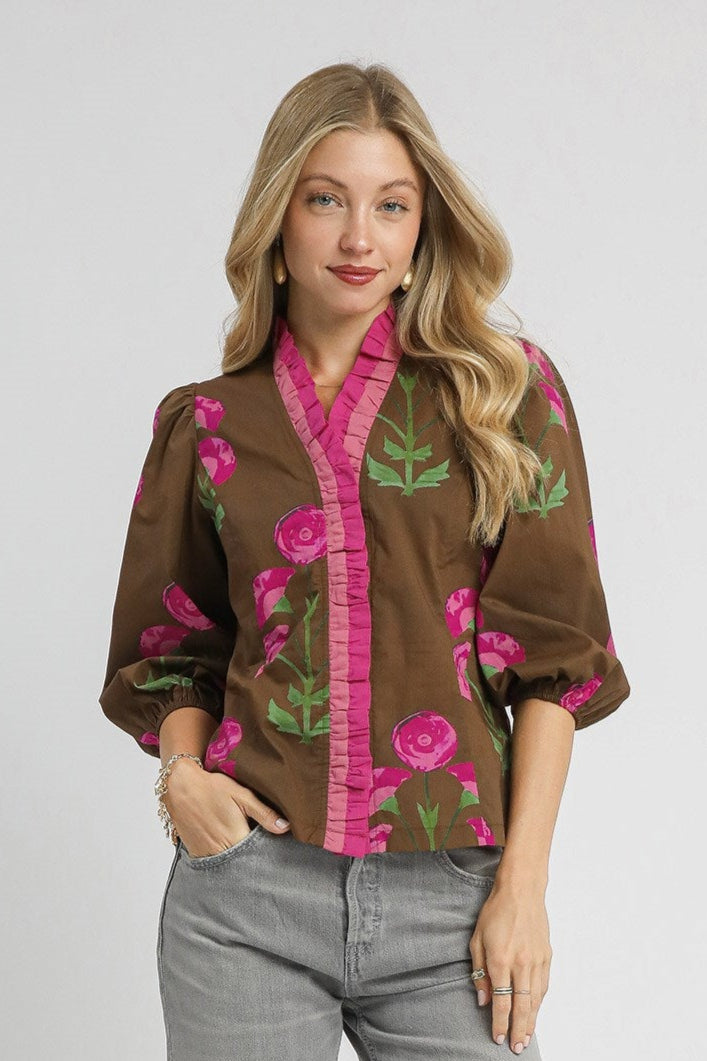 Brown Floral Print Ruffle Top