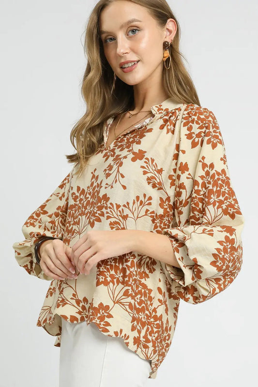 Caramel Cherry Blossom Print Scalloped Hem Blouse