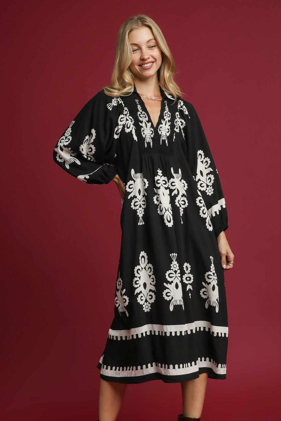 Black Two Tone Border Print Midi Dress