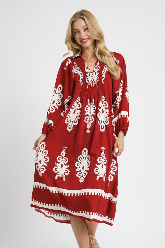 Red Two Tone Border Print Midi Dress