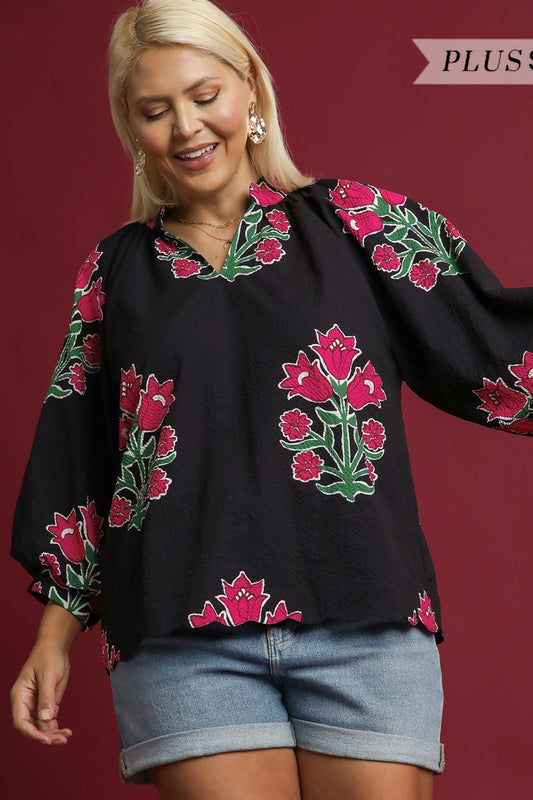 Black Bubble Sleeved Tulip Print Split V Neck Top