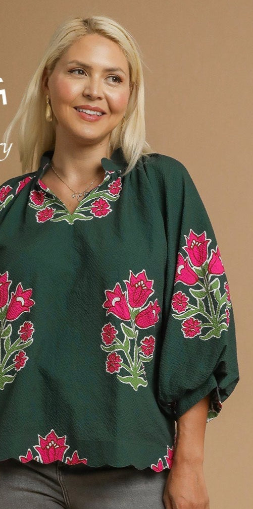 Forrest Green Bubble Sleeved Tulip Print Split V Neck Top