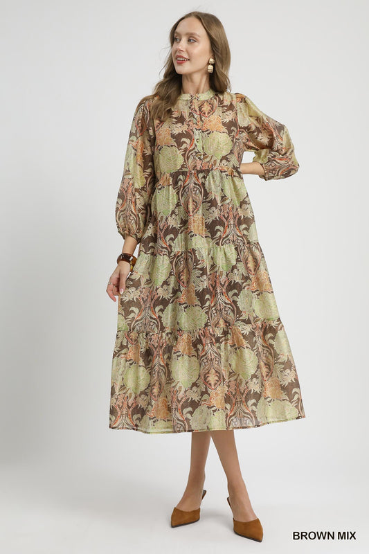 Brown Mix Floral Print Midi Dress