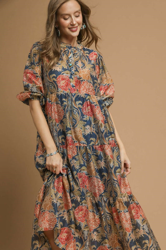 Navy Mix Floral Print Midi Dress