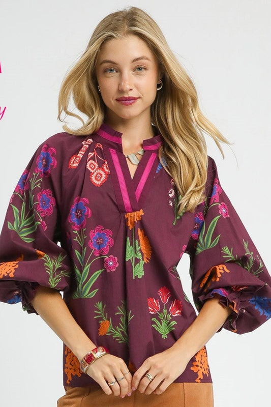 Burgundy Mix Floral Print V Neck Open Collar Top