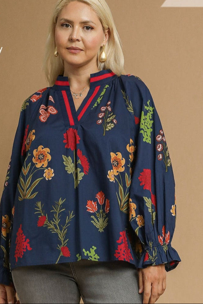 Midnight Mix Floral Print V Neck Open Collar Top