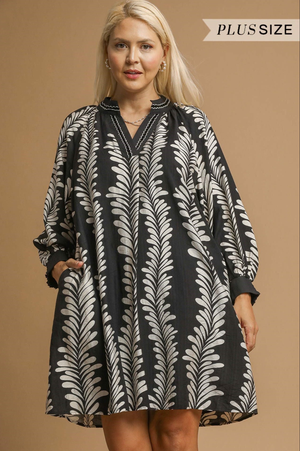 Black Leaf Print V-Neck Babydoll Dress