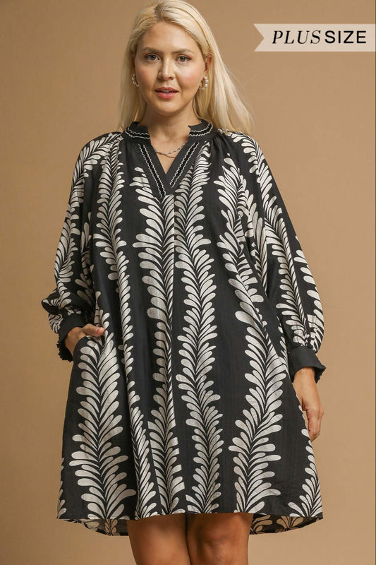 Black Leaf Print V-Neck Babydoll Dress