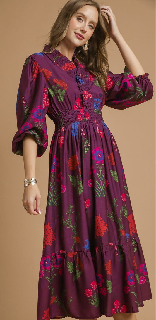 Burgundy Mix Floral Print Midi Dress