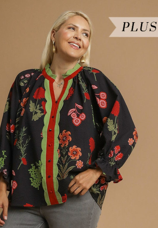 Black Mix Floral Textured Blouse with Scalloped Trim
