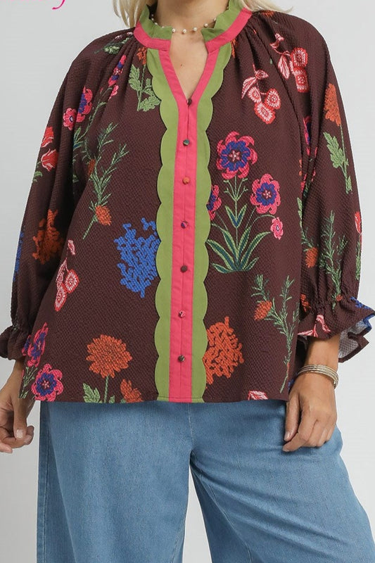 Red/Brown Mix Floral Textured Blouse with Scalloped Trim