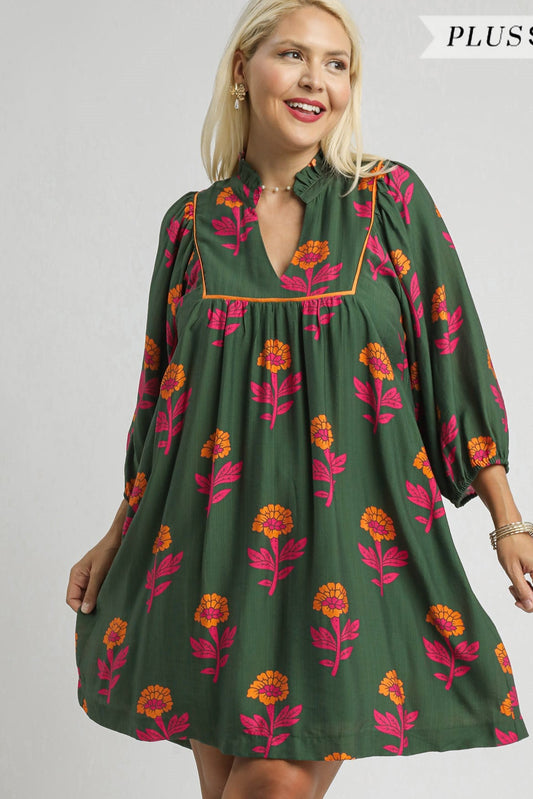 Green Print Floral Print Babydoll Tunic Dress