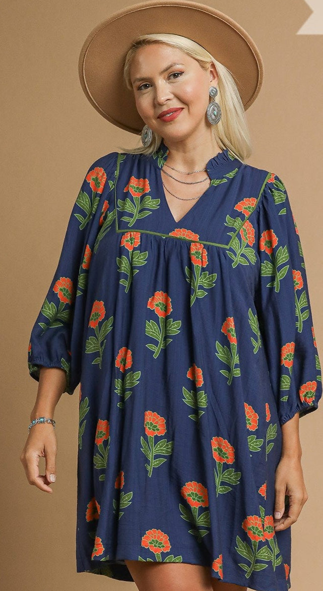 Navy Print Floral Print Babydoll Tunic Dress