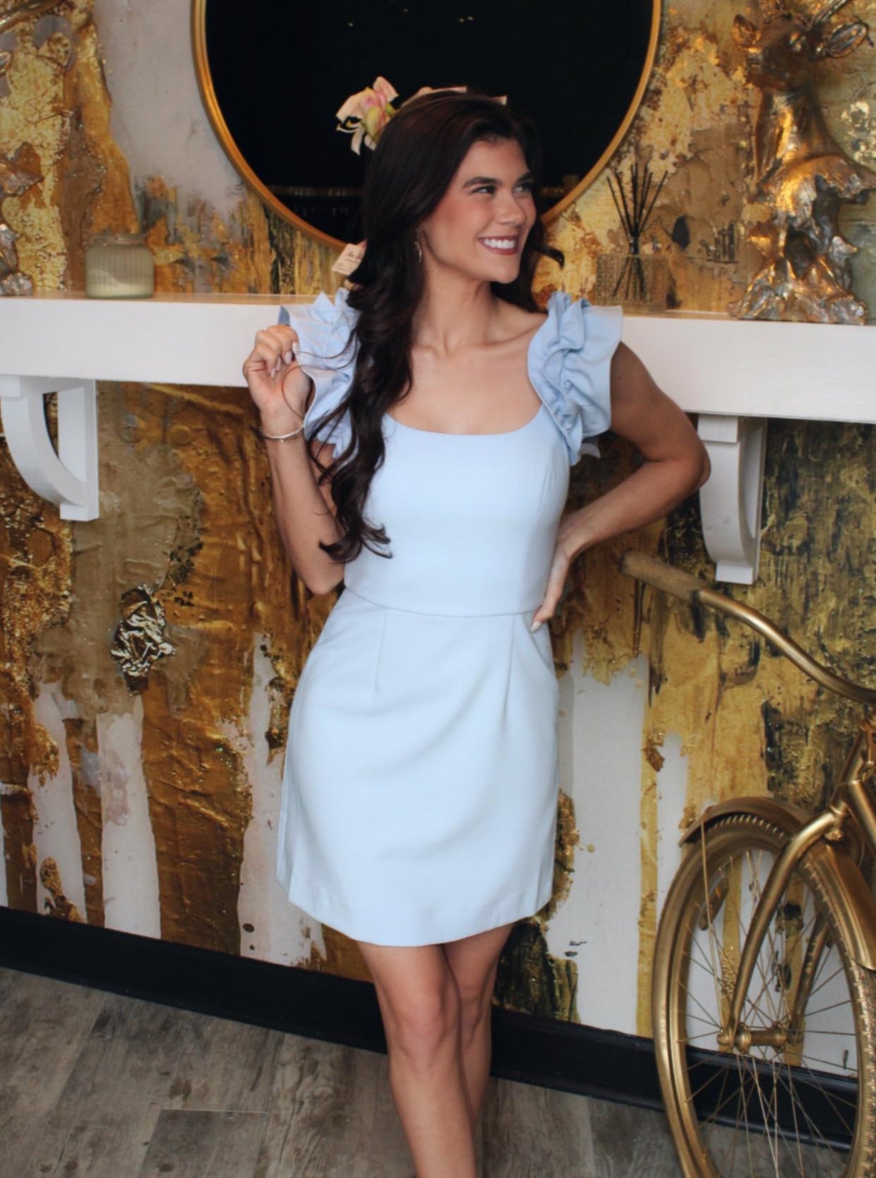 CASHMERE WHISPER RUFFLE SHOULDER DRESS