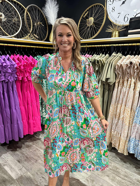 Emerald Print Midi Dress with Front Tie