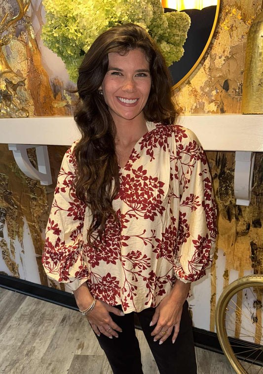 Garnet Cherry Blossom Print Scalloped Hem Blouse
