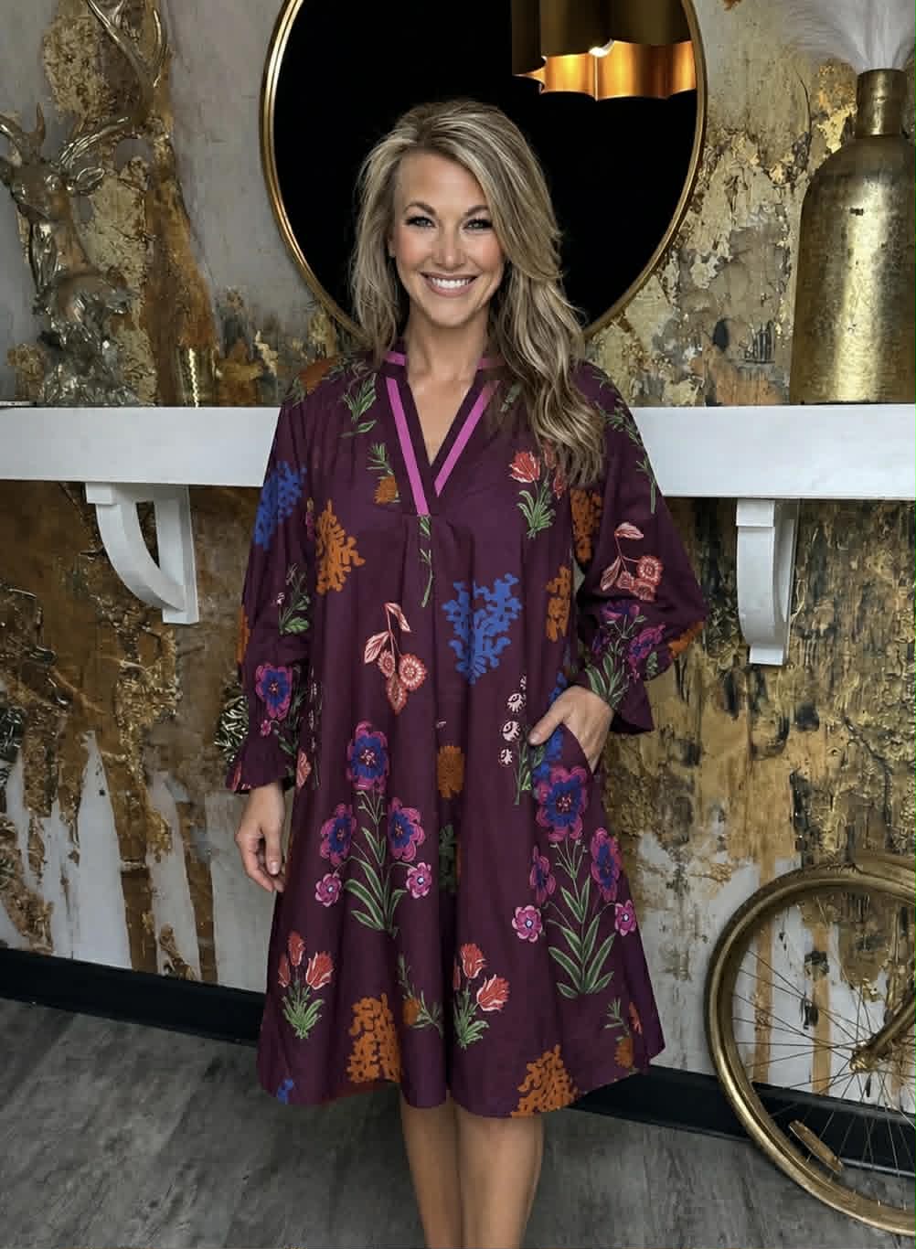 Burgundy Floral Print V-Neck Shift Dress
